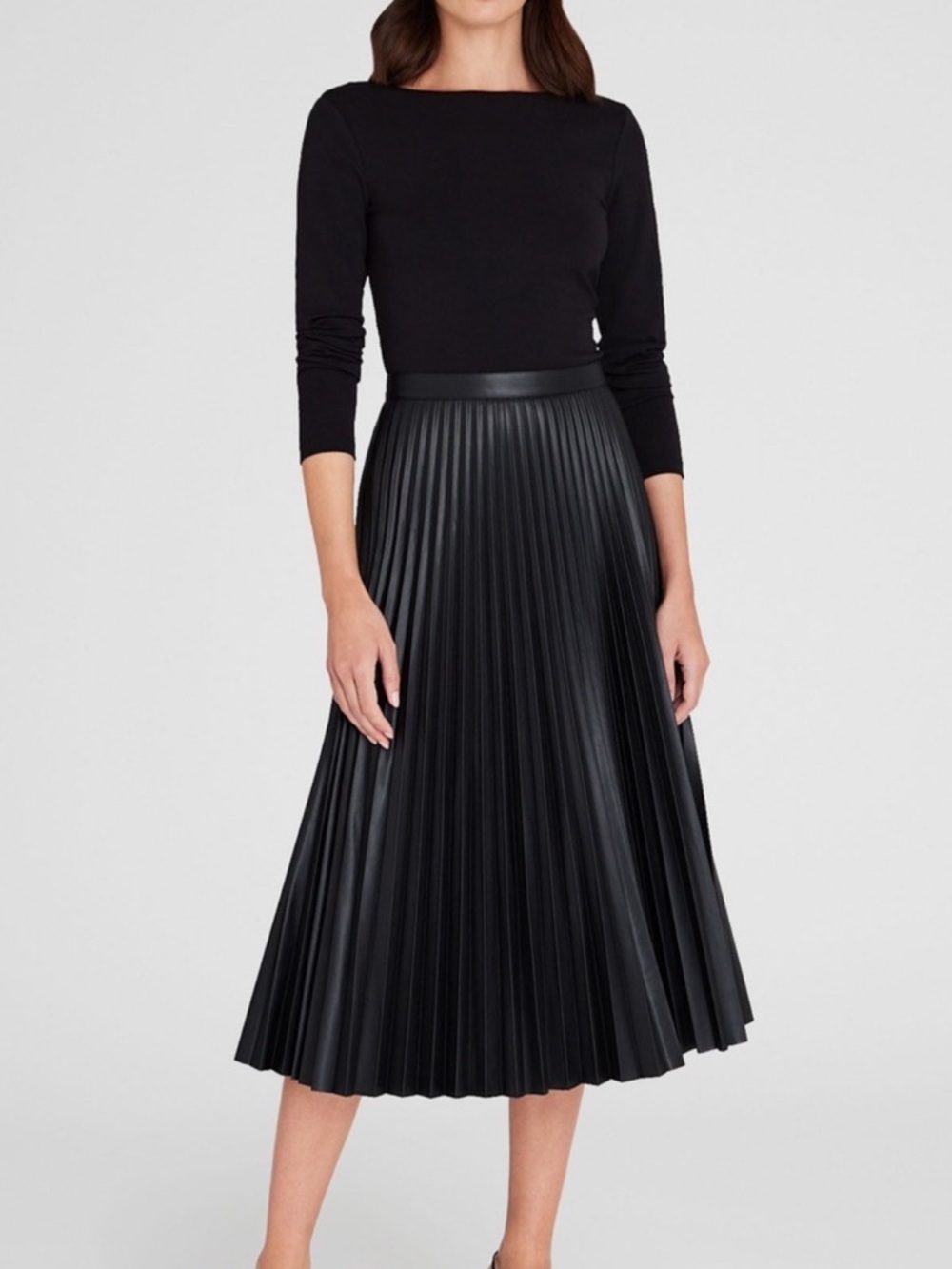 Club Monaco Black Leather Pleated Midi Skirt